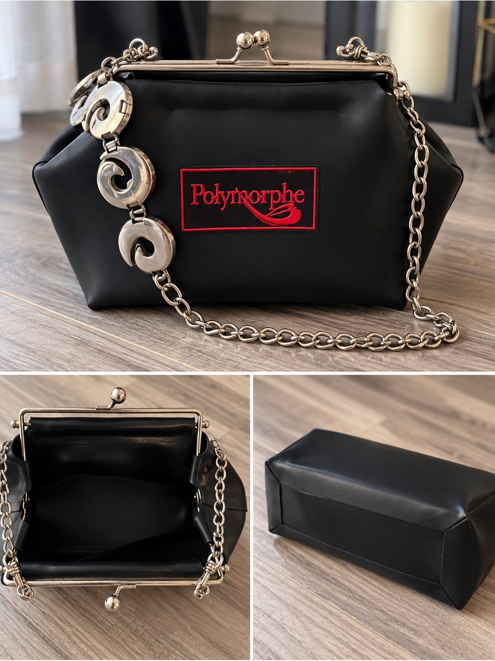Polymorphe Black Latex Chain-Handle Kiss-Lock Clutch